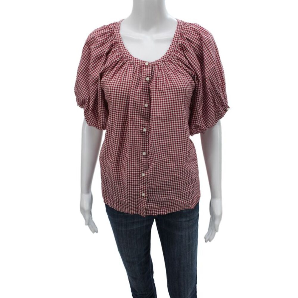 Doen Women Red Check Cotton Round Neck Button Short Sleeve Blouse Size L